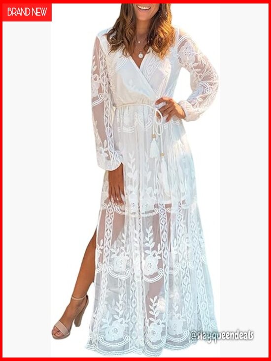 Dresses & Skirts - V Neck Floral Lace Maxi Wedding Dress Long Sleeve Flowy Formal Party Dress